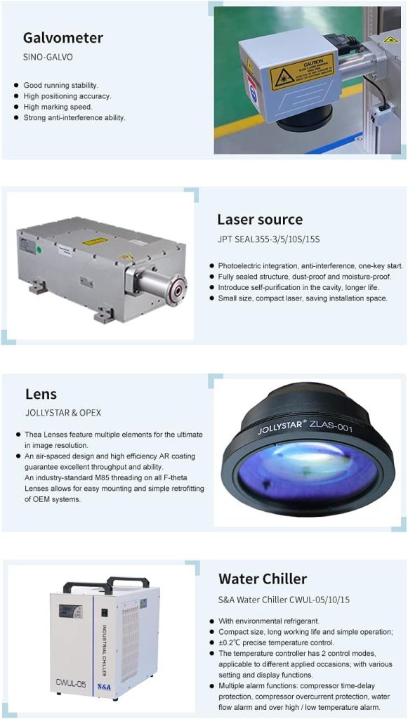JPT UV Laser Engraver Laser Marking Machine 5W, 110×110mm with SA Water Chiller and D80 Rotary Axis JPT UV Laser Engraver Laser Marking Machine 5W, 110×110mm with SA Water Chiller and D80 Rotary Axis