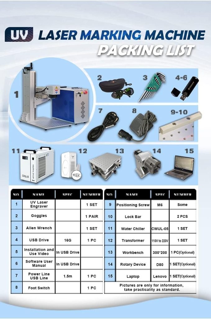 JPT UV Laser Engraver Laser Marking Machine 5W, 220×220mm with SA Water Chiller with D80 Rotary Axis