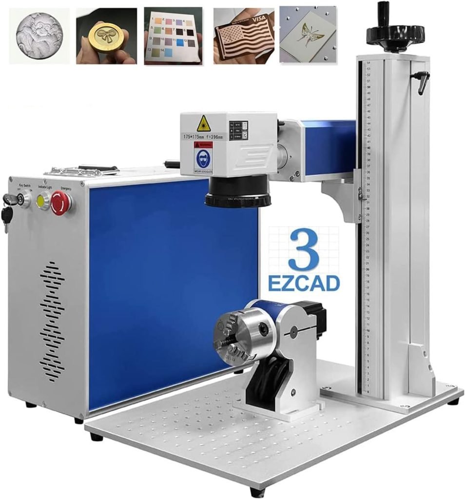 Relief Carving 2.5D Motorized Z-Axis EZCAD3 60W Mopa JPT M7 Fiber Laser Marking Engraver Machine with 175x175mm Lens and D80 Rotary