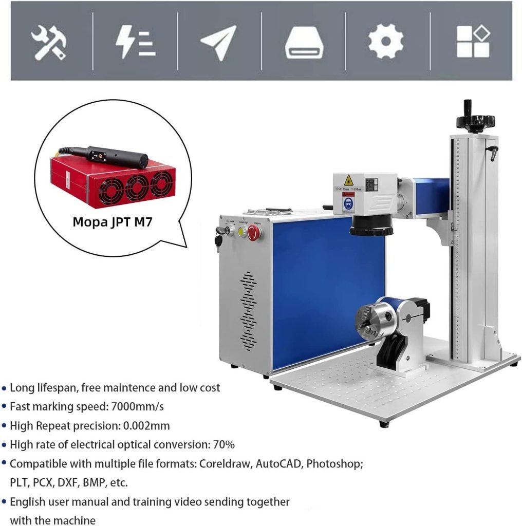 Relief Carving 2.5D Motorized Z-Axis EZCAD3 60W Mopa JPT M7 Fiber Laser Marking Engraver Machine with 175x175mm Lens and D80 Rotary