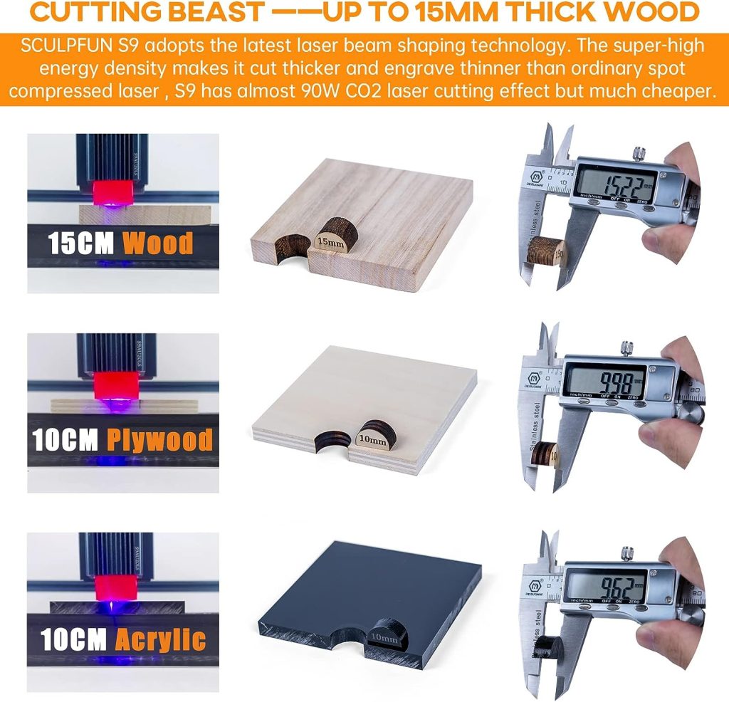 SCULPFUN S9 Laser Engraver, 90W Effect High Precision CNC Laser Cutter and Engraver Machine, Deep Cutting for 15mm Wood, 0.06mm Ultra-Fine Compressed Spot Cutting Machine, Eye Protection Fixed-Focus