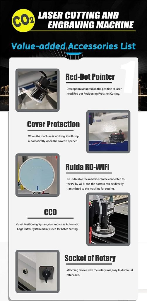 US Stock Lightburn 130W RECI W4 Laser Engraving Machine CO2 Laser Engraver CO2 Laser Cutter Red Dot Pointer Auto Focus with 51-3/16×35-7/16 Workbentch and SA CW5000 Water Chiller