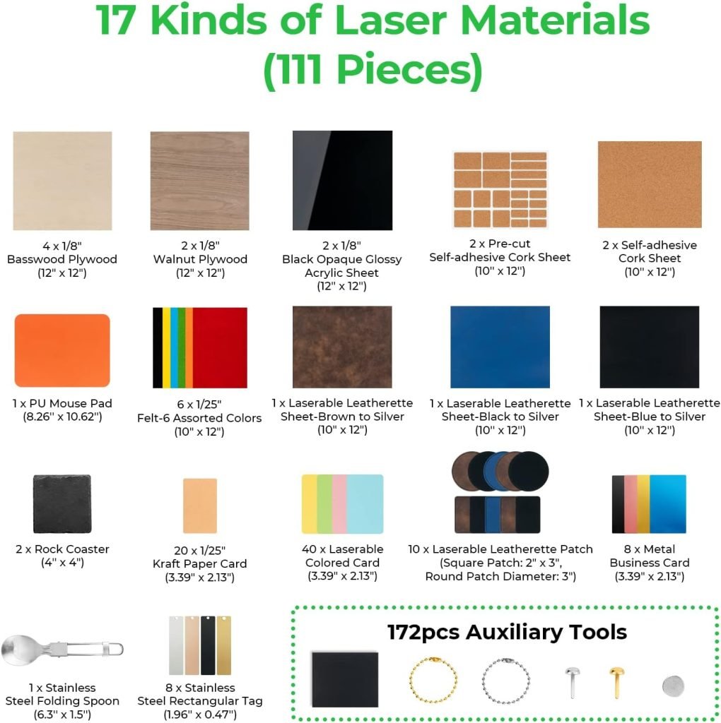 xTool Laser Material Explore Kit, 111-Piece Laser Material Box, 8 Kinds of Laser Materials for Laser Engravers, Plywood, Acrylic, Leather, Metal, Felt, Paper, Stone for Laser Crafting