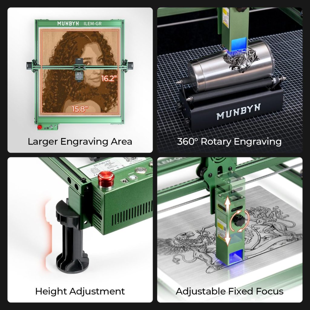 Laser Engraving Machine, Laser-Engraver-for-Wood-and-Metal, MUNBYN 10W Laser Cutter, Cylindrical CNC DIY Cutting Tool with Rotary for Bottles Leather Plates etc 15.8”x16.2” Working Area High Accuracy